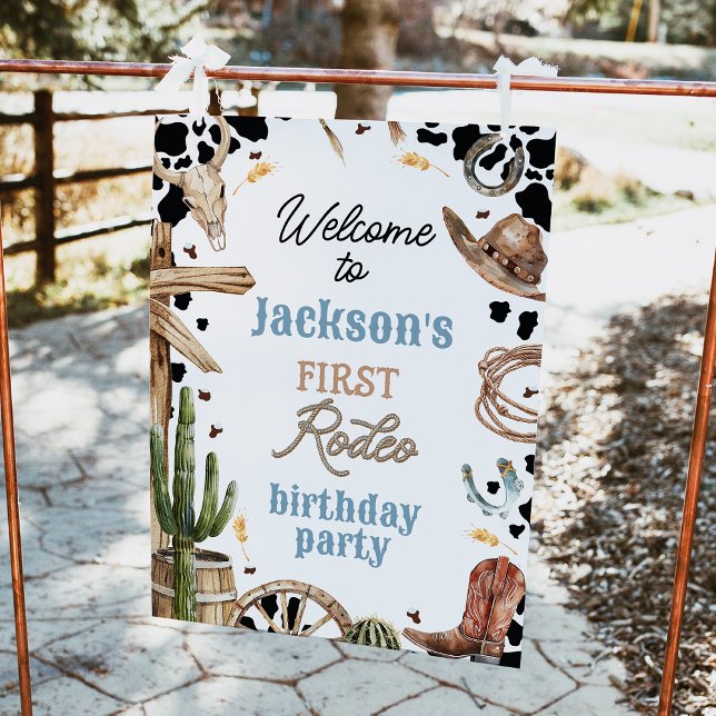 Póster Primeiro aniversario Russo do Primeiro Rodeio Ocid (Boys First Rodeo 1st Birthday Welcome Sign, Western Cowboy Editable Boys 1st Rodeo Birthday Sign)