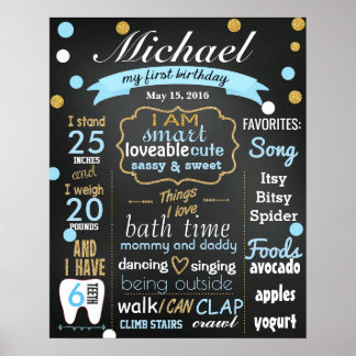 Póster Primeiro Aniversário Sinal de Chalkboard confetti