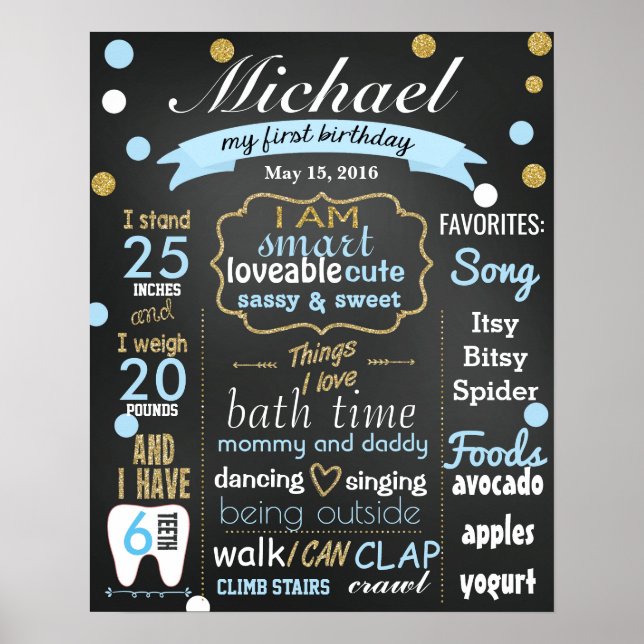 Póster Primeiro Aniversário Sinal de Chalkboard confetti  (Frente)