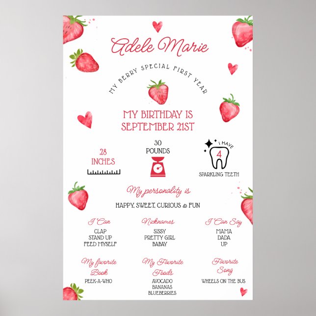 Poster Primeiro Aniversário Tema Morango (Frente)