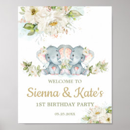 Poster Primeiro aniversario Twin Elephant Twin Girls