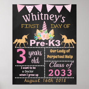 Poster Primeiro dia da escola pré-k Unicorn