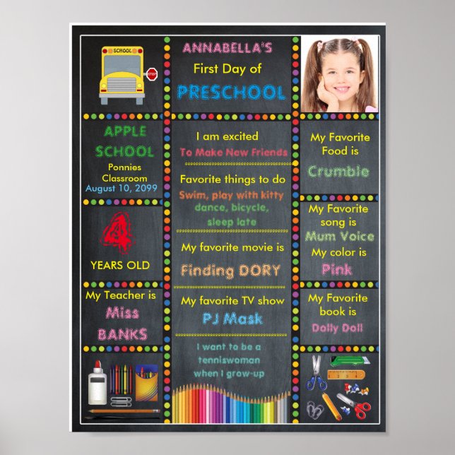 Póster Primeiro dia da pré-escola, foto de placa de quadr (Frente)
