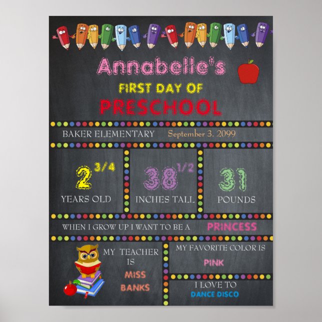 Poster Primeiro dia de pré-escola - Sinal GIRL, Chalkboar (Frente)