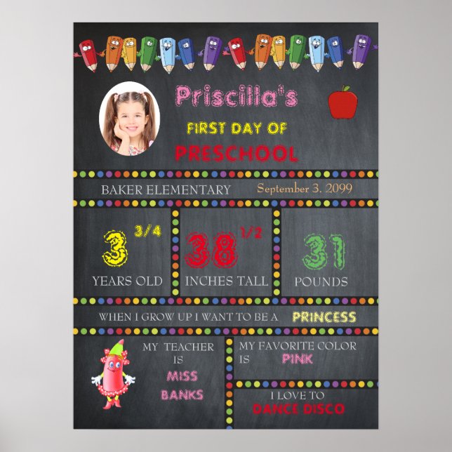 Póster PRIMEIRO DIA de PRESCHOOL,placa de quadro, foto (Frente)