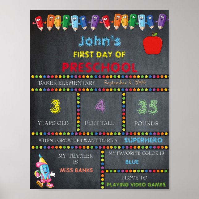 Poster Primeiro dia de sinal de pré-escolar, primeiro nív (Frente)