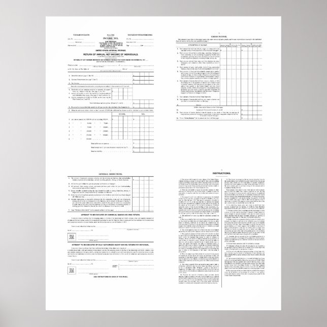 Poster Primeiro Formulário de Imposto de Renda 1040 da Am (Frente)