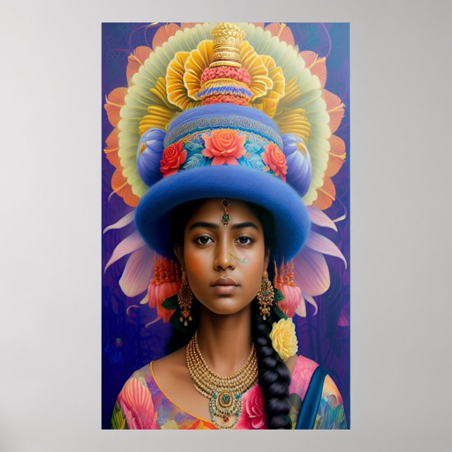 Poster Princesa asiática com chapéu azul grande (Frente)