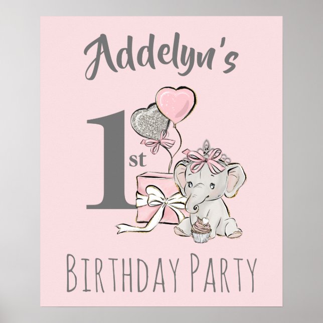 Poster Princesa Bebê Elefante Menina Rosa Cinza 1º Aniver (Frente)