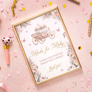 Poster Princesa Carruagem Blush Pink Floral Livros para B
