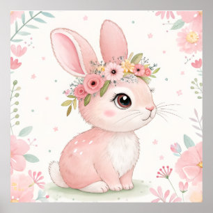 Poster Princesa Coelhinho com Coroa Floral - Rosa Suave