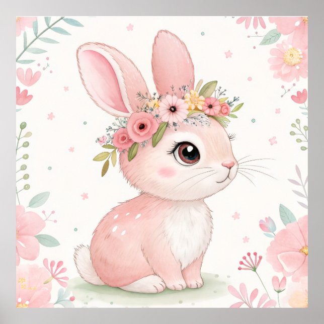 Poster Princesa Coelhinho com Coroa Floral - Rosa Suave (Frente)