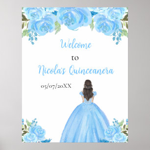 Poster Princesa de Cabelo Castanho Azul Quinceanera Bem-v