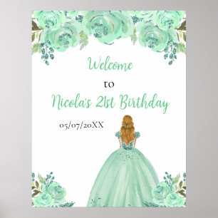 Poster Princesa de Cabelo Loiro Menta Floral Boas-Vindas 