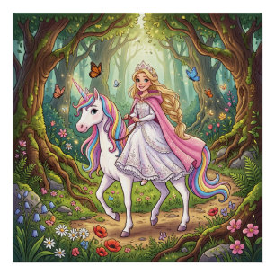 Póster Princesa de desenho animado montando no unicórnio