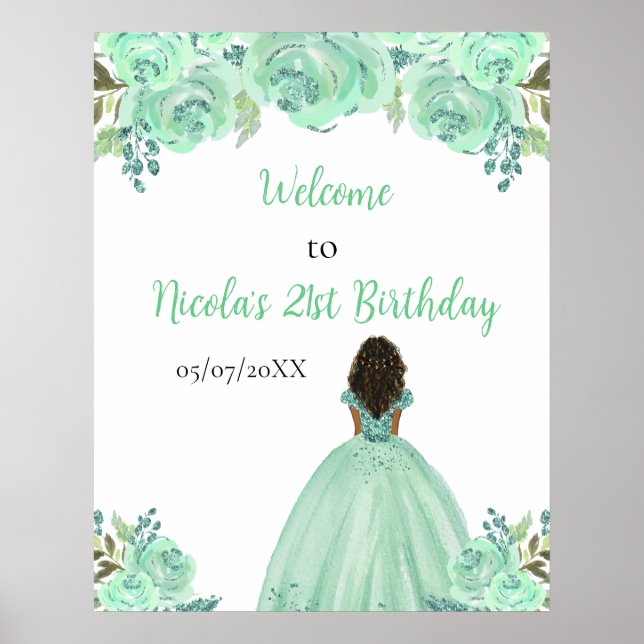 Poster Princesa de Pele Escura Floral Mint Bem-vindo ao A (Frente)
