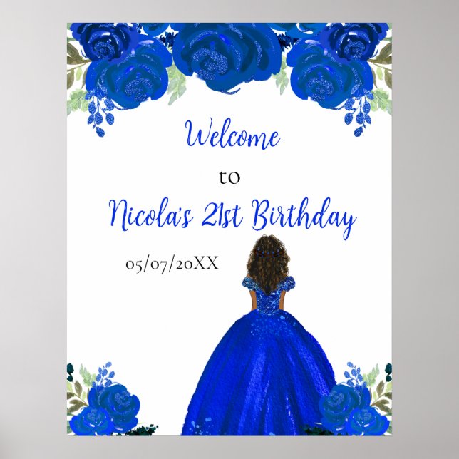 Poster Princesa de Pele Escuro Floral Azul Aniversário Be (Frente)