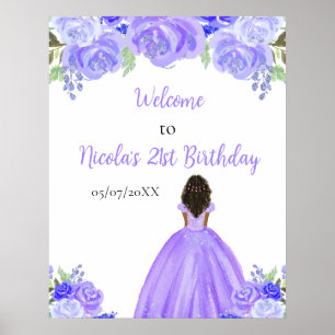 Poster Princesa de Pele Escuro Floral Roxa Boas-Vindas de