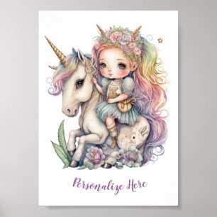 Poster Princesa Fada Unicórnio Cores Arco-íris Personaliz