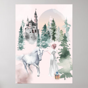 Poster Princesa Fairytale e Unicórnio do Castelo Floresta