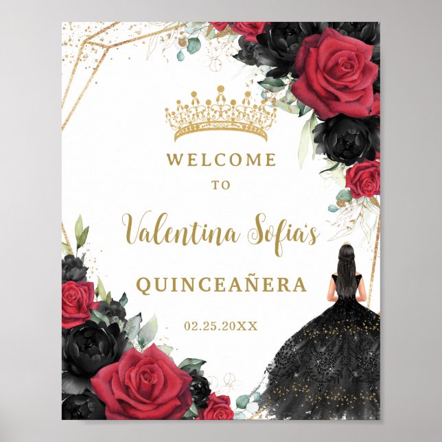Poster Princesa Floral Negra e Vermelha Quinceañera Bem-v (Frente)