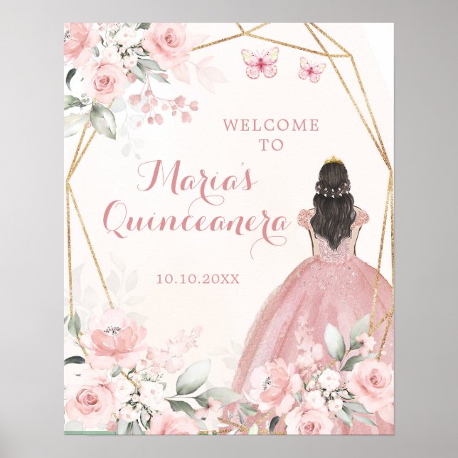 Poster Princesa Floral Rosa Esbranquiçada Quinceañera Bem (Frente)