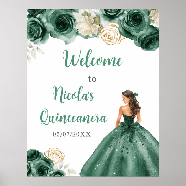 Poster Princesa no Vestido Verde Escuro Quinceanera Bem-v (Frente)