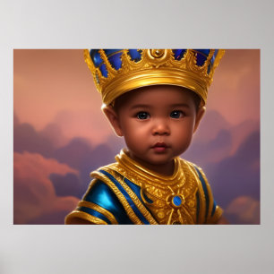 Poster Príncipe lindo menino coroa dourada azul étnico