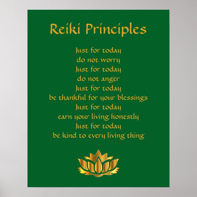 Poster Princípios de Reiki Lótus Dourado e Verde (Frente)