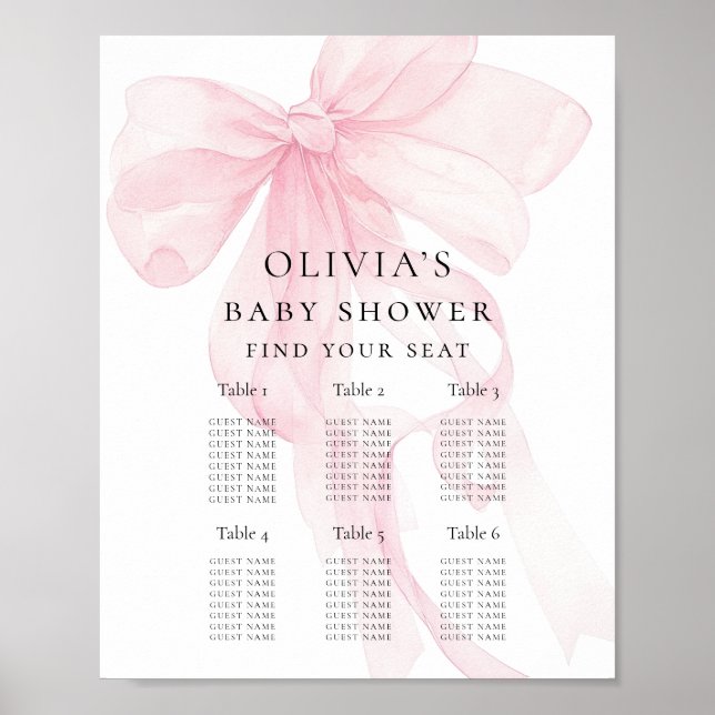 Poster Printable Pink Bow Baby Shower Seating Chart (Frente)