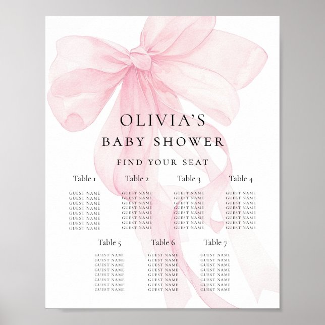 Poster Printable Pink Bow Baby Shower Seating Chart (Frente)