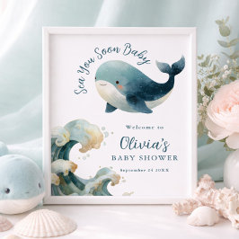 Poster Printable Sea You Soon Whale Baby Shower White