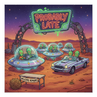 Póster Probably Late – Funny Alien UFO Waiting Sci-Fi Car
