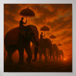Poster Procissão Elefante Majestosa - Silhueta Sunset