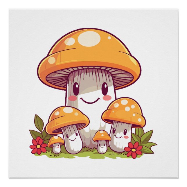 Póster Procurando cogumelos, estilo kawaii feliz (Frente)