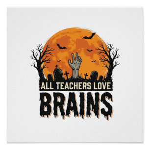 Póster Professor de Halloween Cérebros Design Vetorial Vi