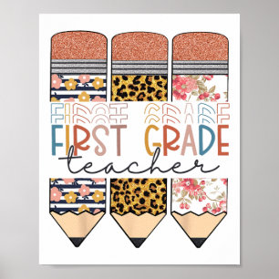 Poster Professor do Primeiro Ano Lápis de Leopardo Feliz 
