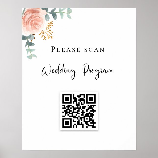 Poster Programa de casamento Código QR blush floral eucal (Frente)