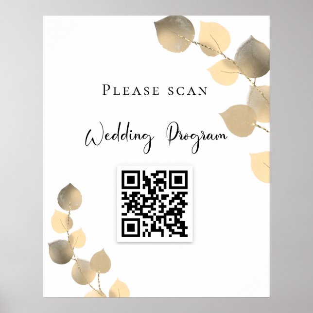 Poster Programa de casamento Código QR ouro eucalyptus (Frente)