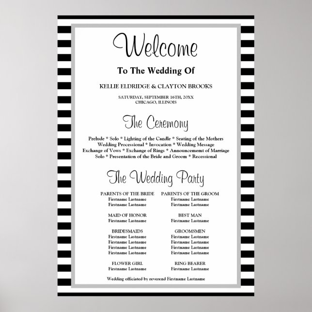Poster Programa de Casamento com Moldes de Stripes Negra/ (Frente)