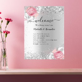Poster Programa de casamento de flores rosa-prata