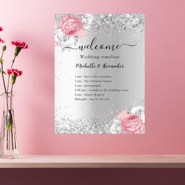 Poster Programa de casamento de flores rosa-prata (Criador carregado)