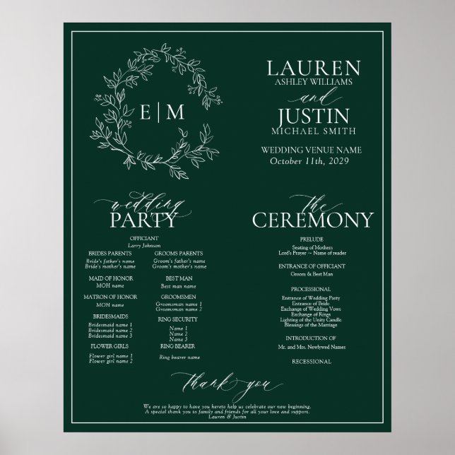 Poster Programa de Casamento do Emerald Green Leafy Crest (Frente)