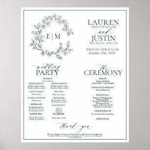 Poster Programa de Casamento do Emerald Green Leafy Crest