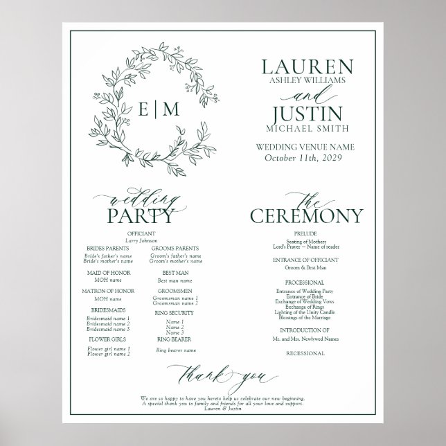 Poster Programa de Casamento do Emerald Green Leafy Crest (Frente)