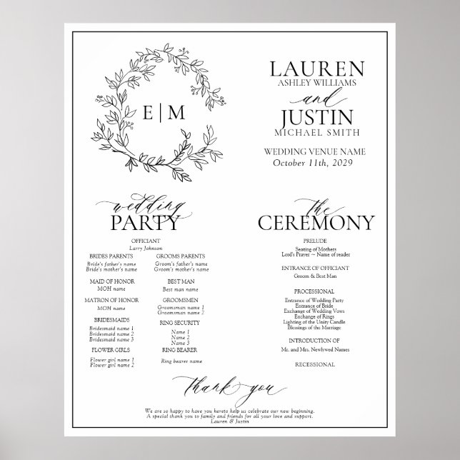 Poster Programa de Casamento do Monograma de Folha Branca (Frente)