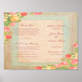 Póster Programa de Casamento Elegantes Rosas Vintage