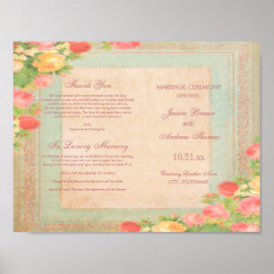 Póster Programa de Casamento Elegantes Rosas Vintage