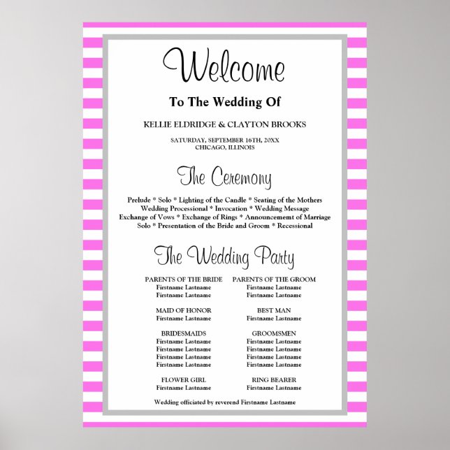 Poster Programa de Casamento Enquadrado de Stripes Rosa/B (Frente)