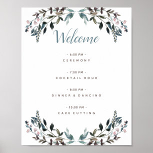 Poster Programa de Casamento Floral Azul Branco Crest